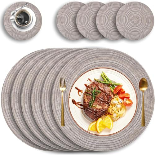 wiipara 6er Set Baumwolle Platzsets Rund Abwaschbar Tischsets 34cm/13,4inch, Gewebte Platzdeckchen mit Untersetzer, Tischunterlage Hitzebeständig, Ideal für Küche, Hochzeit, Weihnachten (Bunt-Grau)