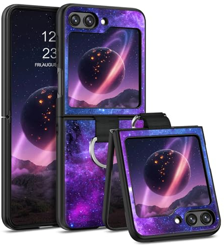 DOMAVER Hülle für Samsung Galaxy Z Flip 5G mit Ring - Handyhülle mit Nebel Muster Design, Leuchtend im Dunkeln, Rundumschutz Schutzhülle, Blau