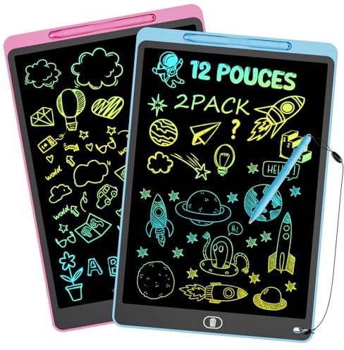 12 Pouces Tablette Dessin Enfant, Tablette d'écriture LCD Colorée, Ardoise Magique, Tablettes Graphiques avec Fonction de Verrouillage & D'effacement, Jouet Educatif de Filles et Garçons, Bleu+Rose