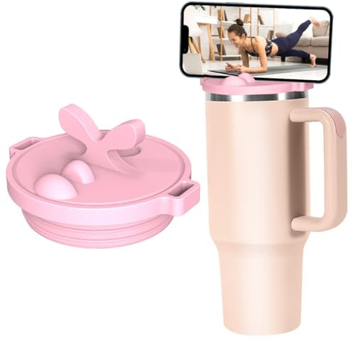 Koonafy 40 OZ Silicone Lid Phone Holder Replacement Fit For Stanley Cup, Stanley Travel Tumbler Phone Mount Lid, Spill Proof Tumbler Covers for Stanley Cup Accessories (Pink)