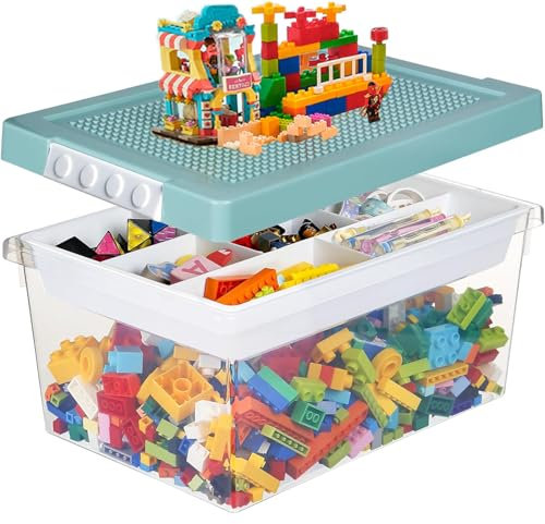 Duscdesp Aufbewahrungsboxen mit Deckel für Bausteine, Spielzeugkiste mit Abnehmbares Tablett und Bauplatte, Sortierboxen für Kleinteile Kunststoff Aufbewahrungsbox für Spielzeug, Handwerk (Cyan)