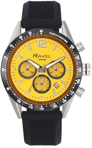 Ravel Pro - Runde Edelstahl-Chronographenuhr mit Datum - 100m Wasserdicht - Japanischer Analogquarz - RPR-003M - Schwarzes Silikonarmband/Gelbes Zifferblatt