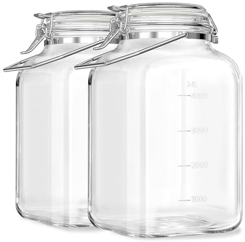 Lot de 2 bocaux en verre de 5 litres avec couvercle hermétique, bocaux Mason à large ouverture avec marques d'échelle (500 ml), boîtes de rangement en verre avec couvercles et poignées robustes pour