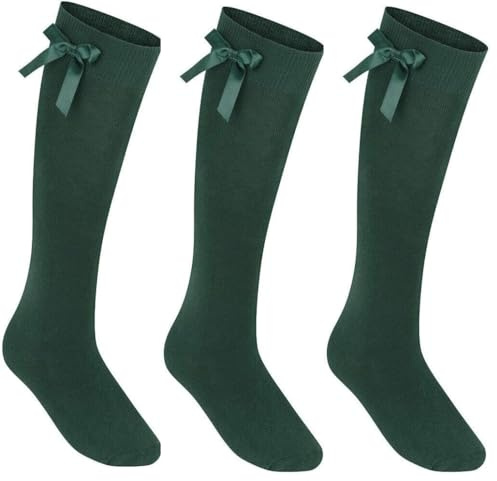 CHAAL 1 & 3 Girls' Knee High Socks with Satin Bow Girls Long School Socks Cotton Socks with Fluffy Ribbons Bow Back to School Socks Uniform Party Wear Socks