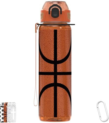 MYFOREST Trinkflasche 1 L, langlebiges Tritan, auslaufsicher, spülmaschinenfest, BPA-frei, sturzsicher, Trinkdeckel/Trinkhalm, Handschlaufe, Karabiner (Basketball, 960 ml)