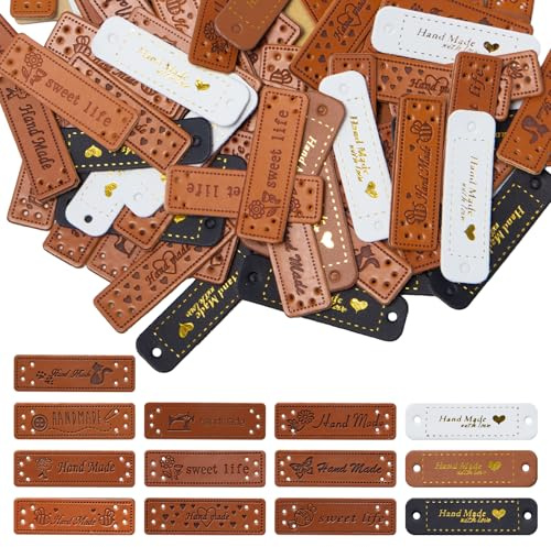 Keboyoe 130 Stück Handmade Label Leder Etiketten Handmade Lederetiketten zum Annähen, Labels zum Annähen Leder, Lederetiketten mit Löchern für Kleidung, Stricken, Taschen, Diy Basteln (13 Stile)