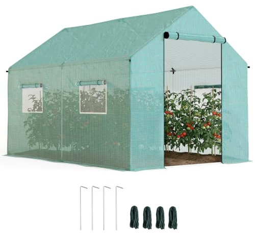 Outsunny Gewächshaus 3 x 2 x 2 m Moskitonetz Spitzdach 4 Fenster Grün | Foliengewächshaus, Breiter Rollbar Reißverschlusstür, UV-beständiger Folientunnel, Winterfest Tomatenhaus mit Erdanker
