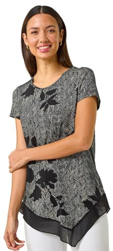 Roman Originals Chiffon Hem Top for Women UK - Ladies Asymmetric Hemline Stretchy Blouse Summer Spring Evening Vacation Work Holiday Short & Long Sleeve Smart Casual - Charcoal Black - Size 12