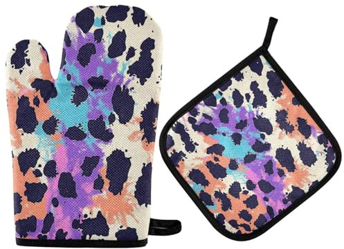 Cheetah Prints Purple Vivid Oven Mitt Pot Holder Heat Resistant Pot Holder Gloves Kitchen Aid 2PCS for Kitchen Baking Baking