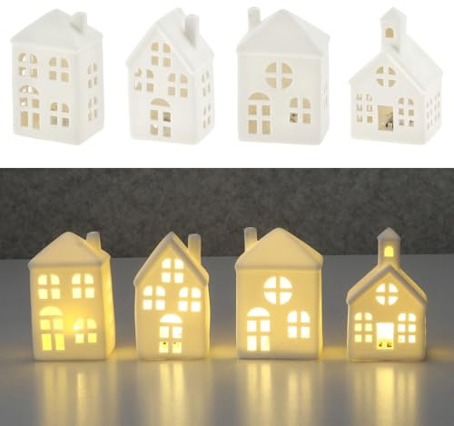 Cepewa LED Haus aus Keramik (4er Set) Weiss - Lichterhaus, Leuchthaus, Deko Winter, Weihnachtsdeko, Adventsdeko, Leuchtdeko, Fensterdeko