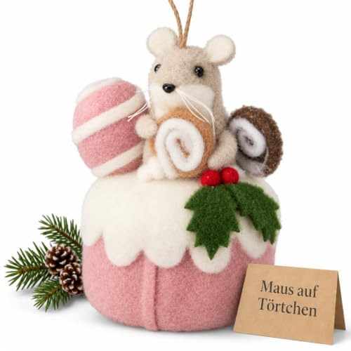 MIJOMA Filz Weihnachtsanhänger Maus auf Kuchen - Christbaumschmuck zum Hängen - Deko für Weihnachten & Winter - Skandi Stil (Törtchen rosa)