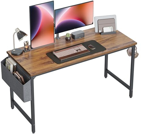 CubiCubi Computer Desk with Bag, 140 x 60 cm Office Desk Study Writing Table for Home Office, Modern Simple Style, Black Metal Frame, Rustic Brown