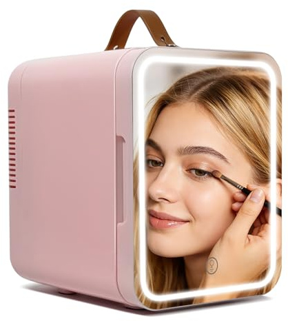 Kwanner 4L Skincare Fridge with 3-Level Dimmable LED Mirror, 220V AC/12V DC Cooler and Warmer, Quiet Pink Mini Fridge for Bedroom, Car, Office, Makeup & Cosmetics Storage