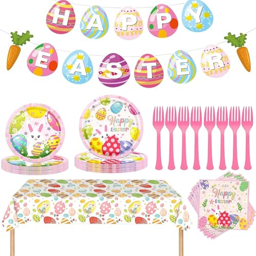 46 Pcs Easter Party Tableware Set Pink Bunny and Easter Egg Paper Plates Napkins Tablecloth Banner Easter Party Decorations Supplies for Family Gathering Picnic and Outdoor Celebrations