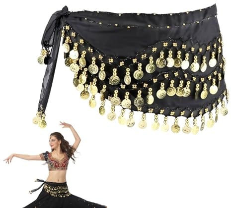 Homefantasy Bauchtanz Hüfttuch Kostüm Für Damen, 1 Stück Damen Profi Bauchtanz Hüfttuch Mit Münzen, Chiffongürtel, Für Bühnen Show, Party, Feier, Lateinamerikanische Tänze(140CM Lang)