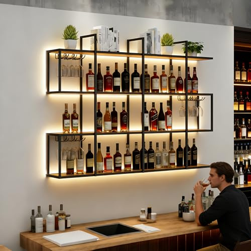 FKKPRVAX 100CM Große Wand-Weinflaschenhalter, 4-stöckiges Metallregal Wandmontage Wine Display Ständer, Industrial Style für Bar Esszimmer Deko (Schwarz, 39.3IN)
