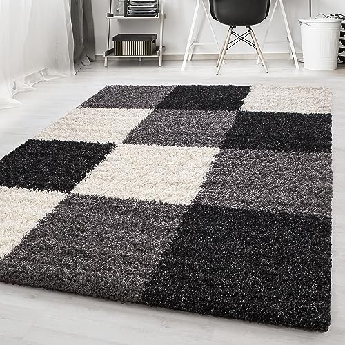 KADIMA DESIGN Shaggy Teppich Kariert Modern Kuschelig Weich Waschbar Strapazierfähig Langlebig 30mm Flor Schwarz 80x150 cm Wohnzimmer Esszimmer Fußbodenheizung geeignet | RHEIN