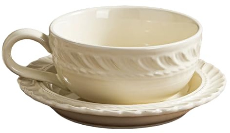 Packool 2 Pcs Vintage Embossed Ceramic Coffee Mug with Saucer Set, Floral Teacup Gift, 10 fl oz / 300 ml Beige Coffee Cup, French Style Latte Cappuccino Espresso Cup with Unique Petal Design