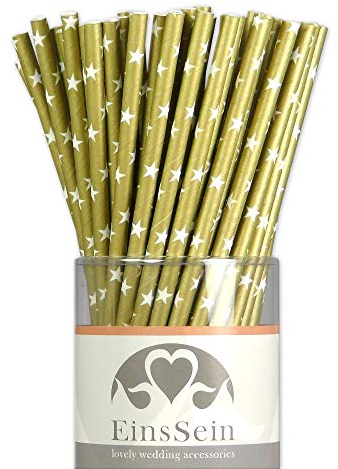 EinsSein 25x Papierstrohhalme Stars Gold-weiß Hochzeit Party Geburtstag Strohhalme Trinkhalme Cake Pops Sticks und Candy Bar-Zubehör Stiele Papier Pappgeschirr Straws