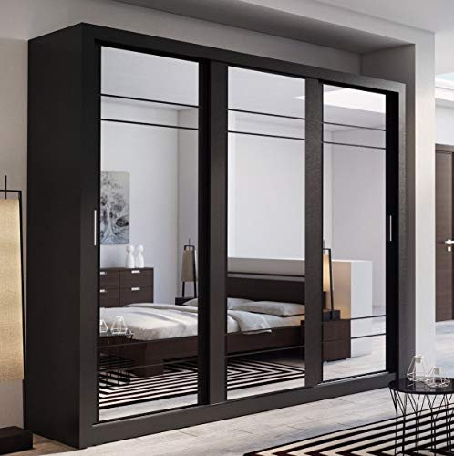 Arthauss Modern Bedroom Mirrored Sliding Door Wardrobe ARTI 2 in Black Matt 250cm - Flat Pack Mirrored Wardrobe with Hanging Rails and Spacious Drawers - Ideal for Compact Spaces