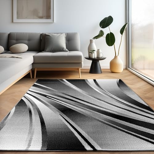 Carpettex Teppich Wohnzimmer Kurzflor 160 x 230 cm Modern Abstrakt Wellen Design Schwarz - Teppich Schlafzimmer Extra Weich Flauschig Waschbar Küchenteppich - Esszimmer Kinderzimmer Wohnzimmerteppich