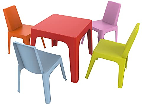 RESOL Set Julieta: Table et 4 chaises pour Enfants. Meubles pour Enfants pour extérieur ou intérieur. pour Jardin, Patio, Balcon ou terrasse - 1 Table Rouge + 4 chaises Rose/Orange/Bleu/Citron