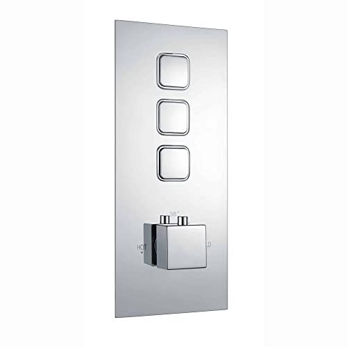 ENKI, Milan, TSV017, Thermostatic Concealed Shower Valve with Push Buttons, Triple Square Taps with Three Outlets, Modern Shower Valve, Chrome