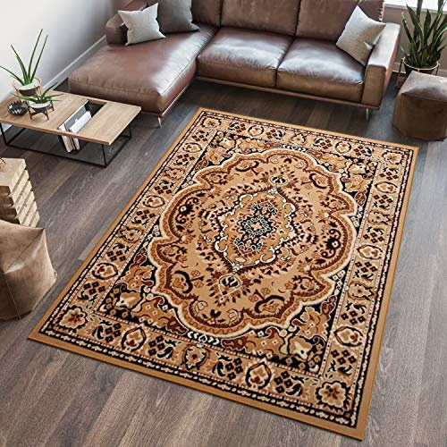 TAPISO Atlas Teppich Kurzflor Beige Braun Medaillon 160 x 220 cm | Wohnzimmer Klassisch Schlafzimmer Traditioneller Teppich für Wohnzimmer Esszimmer OEKO-TEX