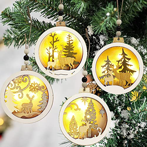 JOIEDOMI LED-Weihnachtsschmuck aus Holz, zum Aufhängen, Rentier-Ornamente für Innen- und Außenbereich, Party-Dekoration, Baumschmuck, Veranstaltungen und Weihnachten, 4 Stück