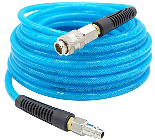 YOTOO Air Compressor Hose Reinforced Polyurethane 15m Long 6.5mm ID X 10mm OD with Bend Restrictor, 1/4 Europe Quick Coupler and Plug, Blue