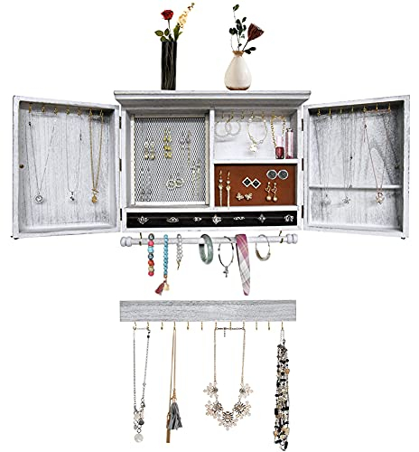 JOYSFIT Rustikaler Wand-Schmuck-Organizer, Holz-Dekoration für Barndoor-Dekoration, Schmuckhalter für Halsketten, Ohrringe, Armbänder, Ringe (weiß)