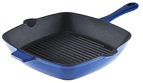 Barbary & Oak BO800256BLU Cast Iron Grill Pan with Durable Enamel Interior, 26cm, Limoges Blue