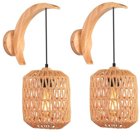 PETITES ECREVISSES 2 Packs Appliques Murales E27 Vintages Lampes Murales Interieure Plafonniers Luminaires en Métal et Bois Industrielles Abat-jour Chanvre Corde pour Salon Cuisine Chambre (A-2pcs)