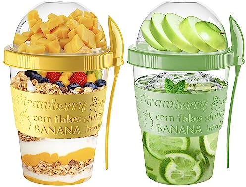 Vingardium Leviosa Yogurt Pots Reusable 20 Oz Overnight Oats Container with Lid & Spoon BPA free Breakfast Pots to GO Cereal On the Go Dishwasher Safe Lunch Oatmeal Jars (Set of 2 (Green, Yellow))