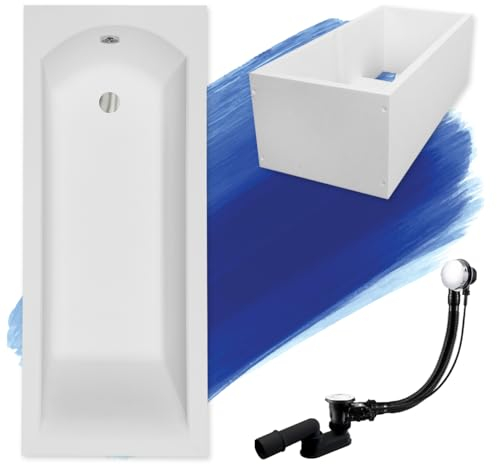 BADLAND Badewanne Original Weiß Acryl Wanne Rechteck SHEA 180x80 KOMPLETTSET SET mit Premium Wannenträger + Füßen und Exklusive Chrom Automatik Ablaufgarnitur Made in EU 4in1