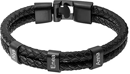 Yitoes Pulsera Hombre Personalizada con 1-7 Nombres Grabado Cuentas Pulsera de Cuerda Trenzado Regalo para el Día del Padre (negro, 5 nombres)