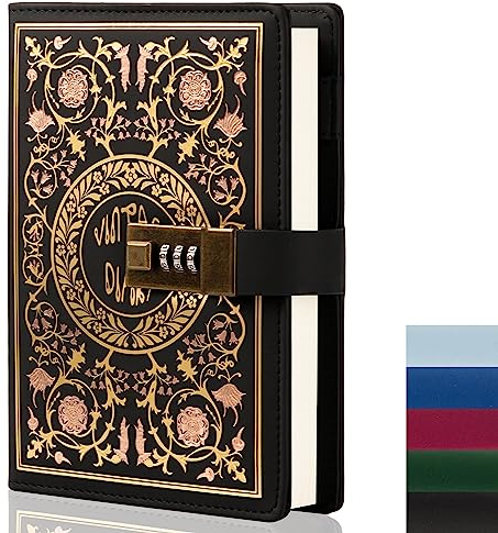 TIEFOSSI Locked Diary for Women, Vintage Flower Journal with Combination Lock B6 Writing Secret Notebook for Girls, Refillable Ruled Lined Paper (Black)
