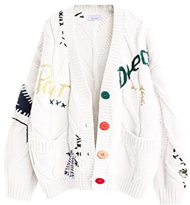 Women's Long-Sleeved Open Front Cable Knit Cardigan - V-Neck Sweater Button Down, Wool Blend Embroidery Cardigan, white, L