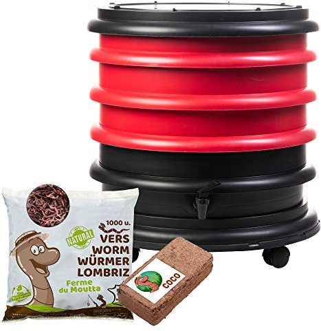 WORMbox | Wurmkomposter Wurmfarm Wurmkiste mit 3 Schalen Rot + 500g Kompostwürmer / 1000 STK + 1 Coco | 48 Liter | Regenwurmkomposter, Kompostwürmer produzieren Wurmhumus