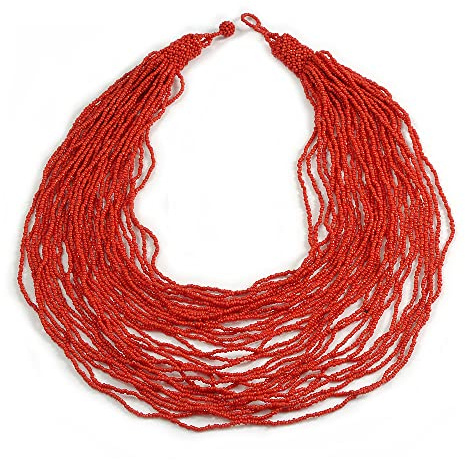 Collana Avalaya con perle di vetro rosso spesse a più file e sovrapposte - 80 cm di lunghezza