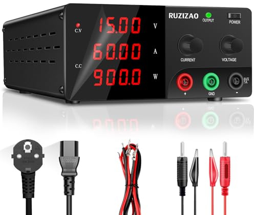 RUZIZAO Labornetzteil 15V 60A, Labornetzgerät Hochleistungs DC Regelbar Netzgerät 900W Schaltnetzteil mit Encoderregelung und Ausgangsschalter Labor DC-Stromversorgungen für Prüfung/Wartung/Galvanik