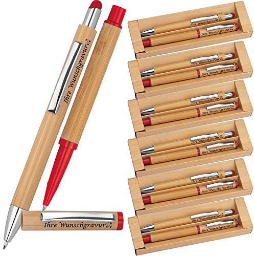 Schreibset aus Kugelschreiber und Rollerball | Bambus | inkl. Wunschgravur | Emojis Gravur möglich | Touchpen Funktion | blau schreibend | Werbegeschenk personalisiert (25)