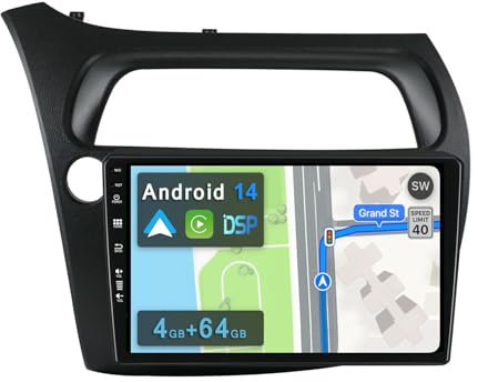 YUNTX Android 14 [4GB+64GB] 2 DIN Autoradio para Honda Civic (2006-2011)-[Integrado CarPlay/Android Auto/DSP/GPS]-IPS 2.5D 9”Touch Screen-Cámara+Mic-Dab/Bluetooth 5.0/360 Cámara/Control del Volante