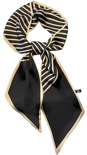 kcctoo Kopftuch für Damen, Maulbeerseide, quadratischer Hals, Satin-Schal für Tasche, Haarschal, Geschenk, 150 x 15 cm, I15 gestreift, Schwarz, 150 x 15 cm, 59 x 5.9/150 x 15cm