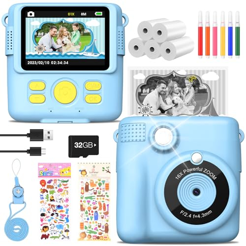 MILFECH Macchina fotografica per bambini, 1080P Schermo da 2,4 pollici Fotocamera istantanea Fotocamera digitale con 5 rotoli di carta da stampa, scheda da 32 GB, 6 penne colorate, 2 adesivi Regalo pe