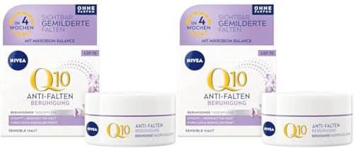 NIVEA Q10 Anti-Falten Beruhigung Tagespflege für sensible Haut (50 ml), feuchtigkeitsspendende Tagescreme mit LSF 15, beruhigende und straffende Gesichtspflege (Packung mit 2)