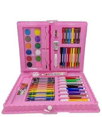 PEBBLE HUG 68 Pcs Art Set Kids Children Colouring Drawing Painting Arts & Crafts Case, Colour Set- Crayons Water Colours, Sketch Pens, Oil Pastel (Pink)