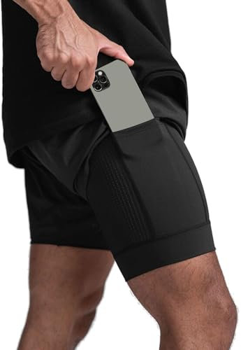 XDSP Pantalones Cortos de Running para Hombre, Pantalones Cortos de 2 en 1 Deportivos Fitness Entrenamiento Transpirables Secado rápido con Compresión Interna y Bolsillo con Cremallera