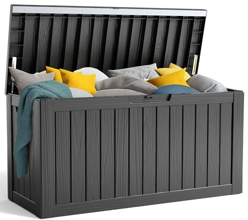 PatioZen 90 Gallon Resin Deck Box, Lockable Patio Outdoor Storage Box for Furniture, Garden Tools and Tools Storage, Waterproof Outside Storage Box - Black