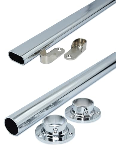 RSR Hangers Kleiderstange Schrankrohr Schrankstange für Kleiderschrank 80 cm | verchromt | Silber | Oval |Rund | mit Schrankrohrlager Set (Rund)